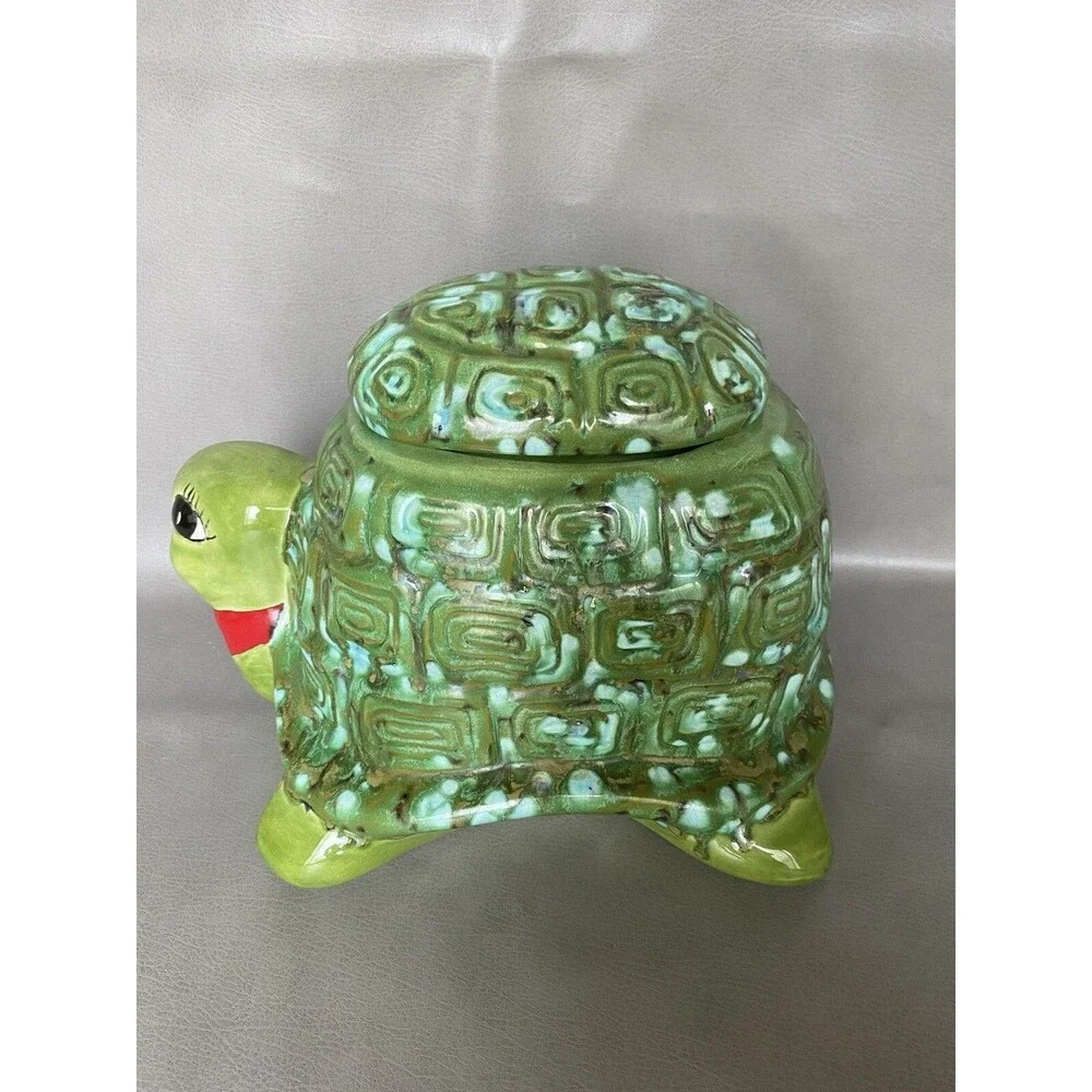 Vintage Ceramic Cookie Jar Tortoise Green Red Scarf Signed